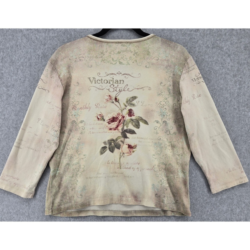 Vtg Y2K Cactus "Victorian Style" Top Sz XL Beige Embellished T-Shirt Roses - Picture 2 of 7